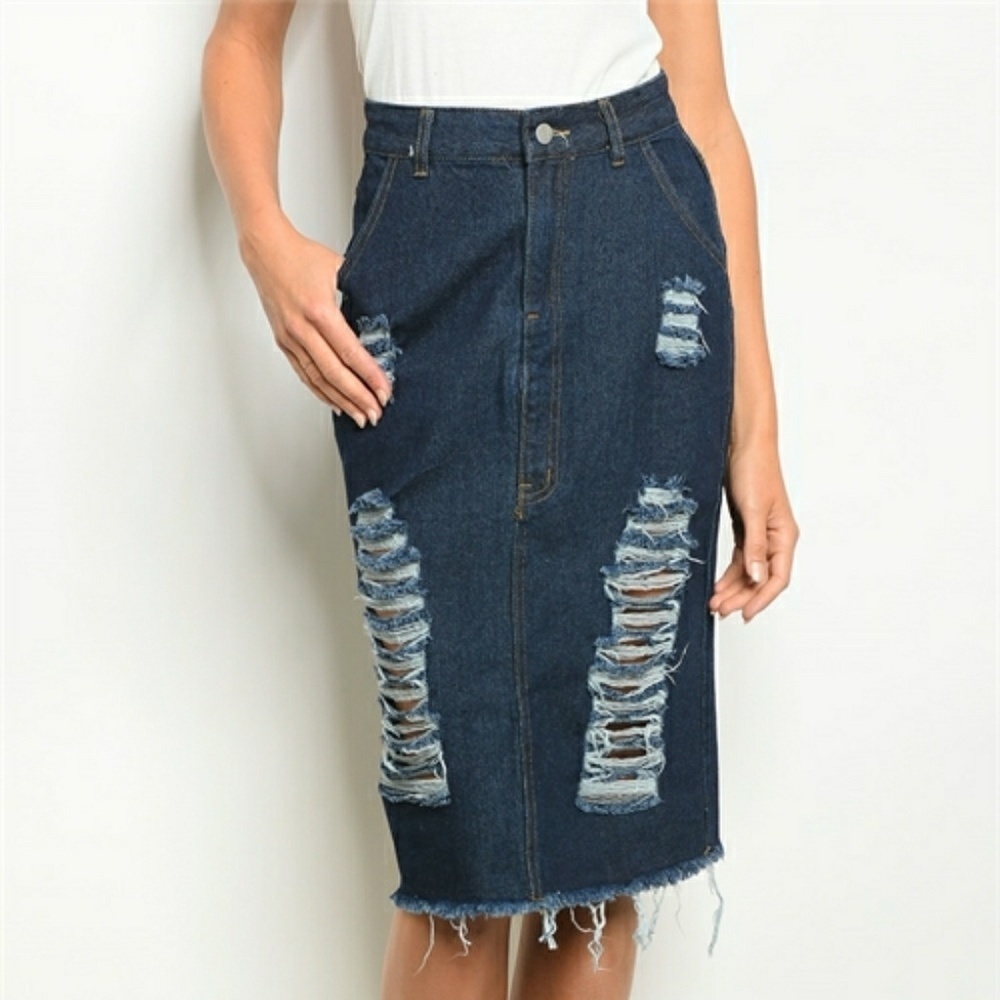 36 POINT 5 Destroyed Distress Dark Wash Denim Skirt